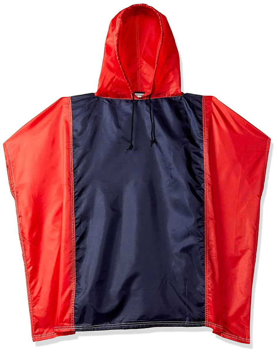 Water Resistant Polyester Poncho, Blue and Red, Free Size