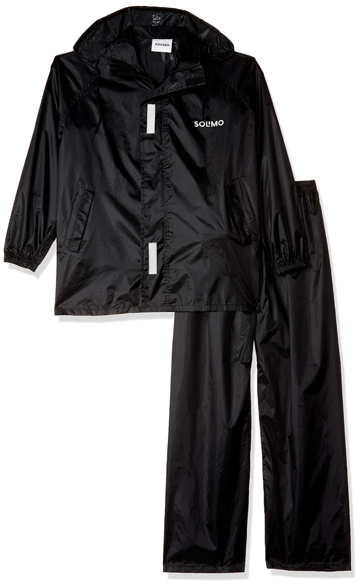 Water Resistant Polyester Rain Coat with Pant, Black, Large
